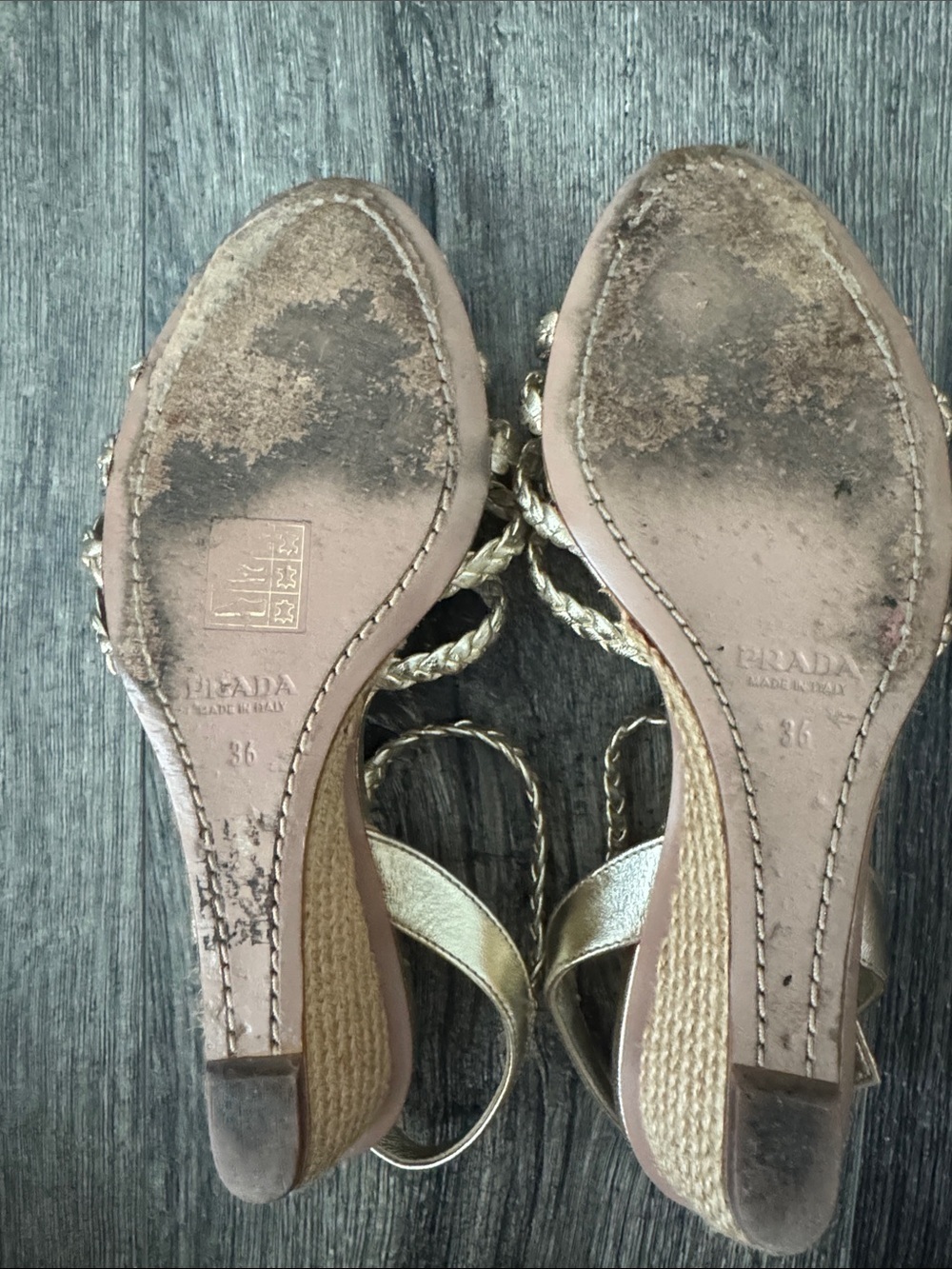 Prada Gold Braided Leather Wedge Espadrille Sandals Size 36/US 6 COA includes - Picture 9 of 11